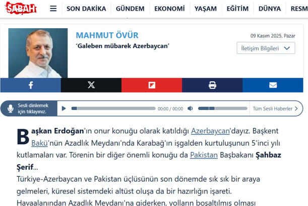 Azərbaycanın Vətən müharibəsində Qələbəsi bütün regionun taleyini dəyişdirdi - “Sabah” qəzeti