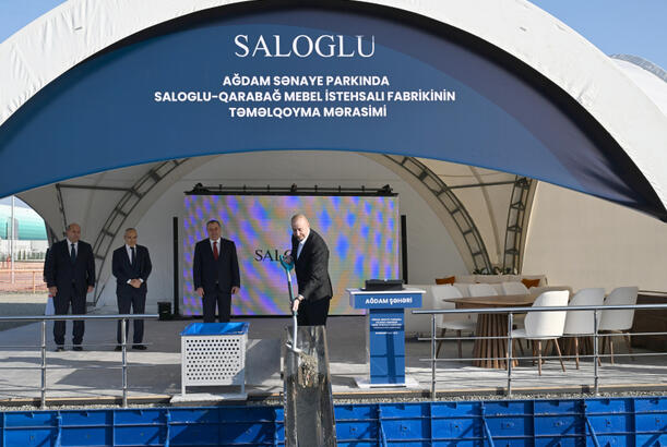 Prezident İlham Əliyev Ağdam Sənaye Parkında “Saloğlu Qarabağ” MMC-nin istehsal müəssisəsinin təməlini qoyub - FOTOLAR