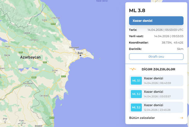 Xəzər dənizində 3,8 bal gücündə zəlzələ olub