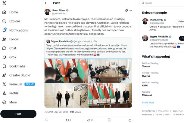 Prezident İlham Əliyev Latviya Prezidentinin ölkəmizə səfəri ilə bağlı paylaşım edib