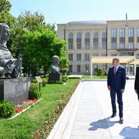 Presidents Ilham Aliyev and Peter Pellegrini view bullet-riddled busts of Azerbaijan's prominent figures in Shusha