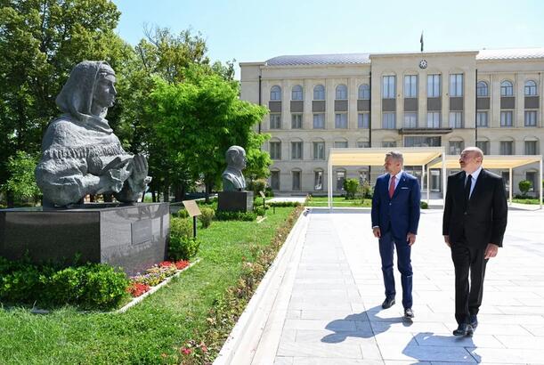 Presidents Ilham Aliyev and Peter Pellegrini view bullet-riddled busts of Azerbaijan's prominent figures in Shusha
