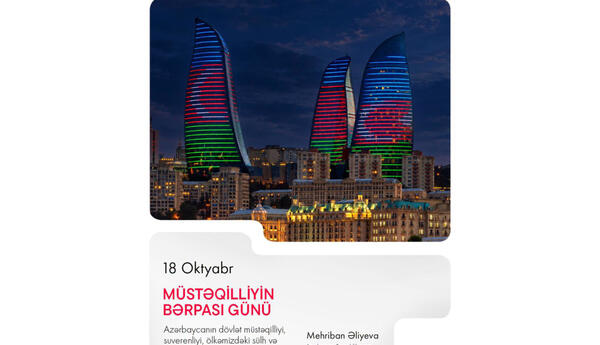 Birinci vitse-prezident Mehriban Əliyeva Müstəqilliyin Bərpası Günü ilə bağlı paylaşım edib
