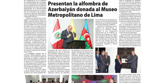 Perunun mətbuatında Qarabağ xalçası və Azərbaycan-Peru dostluğundan bəhs olunub